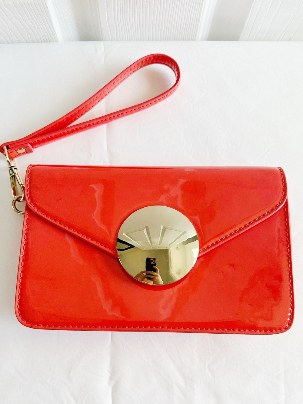 Bebe coral Patent Leather Wristlet Clutch with Gold Accent